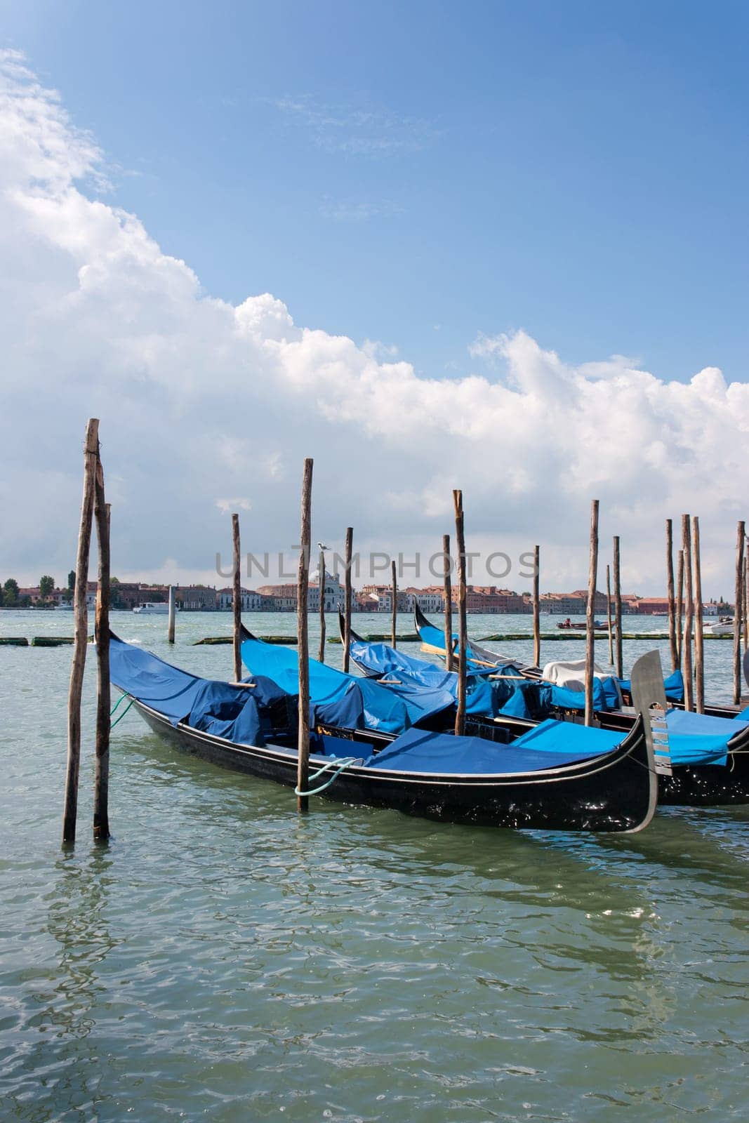 Parked gondolas in Venice, Italy, Europe