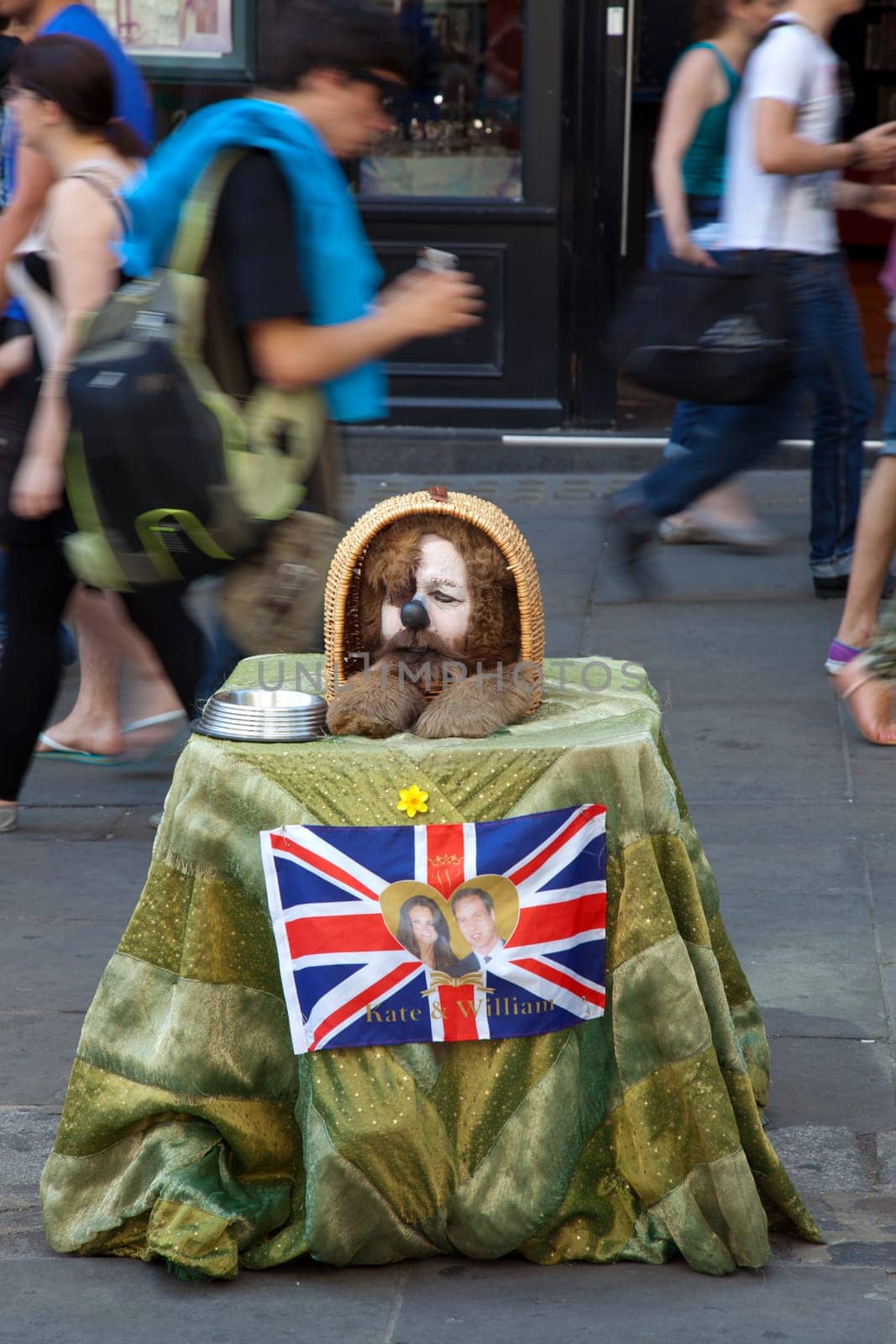 Beggar dressed as a dog with a poster of Kate &amp William and blurred people walking behind.