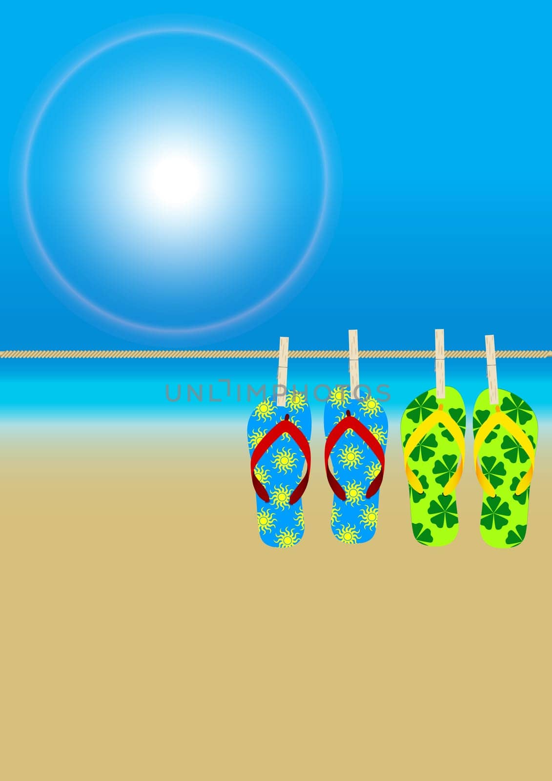 Summer Beach - Hanging Flip-Flops on Empty Sandy Beach
