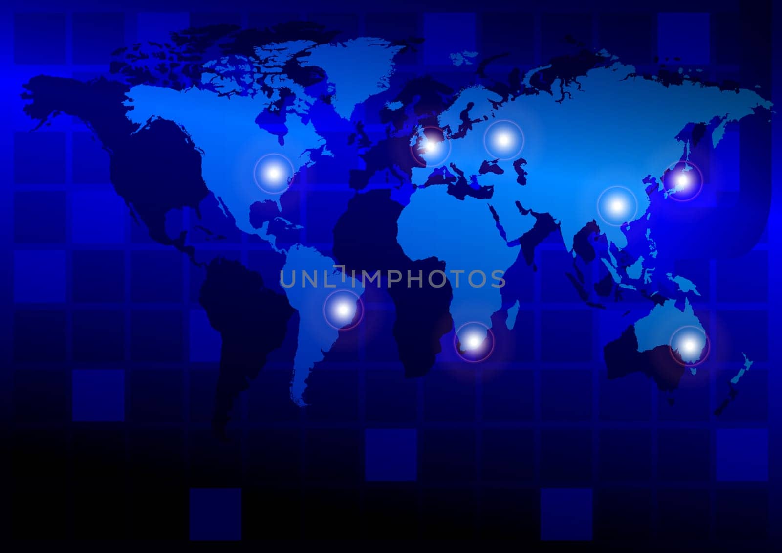 Blue abstract background with world map and arrows
