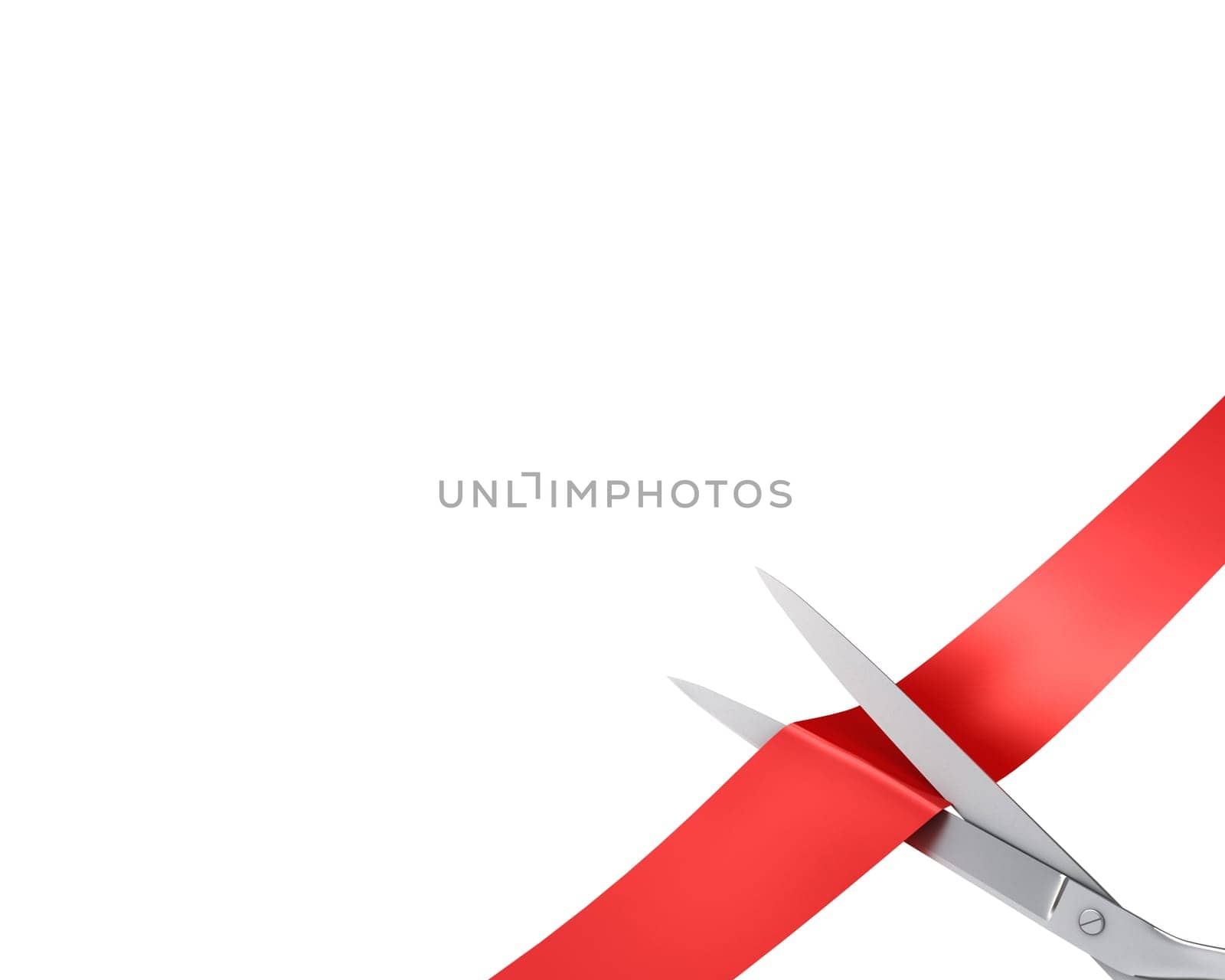 Scissors cut ribbon, closeup corner version isolated on white background