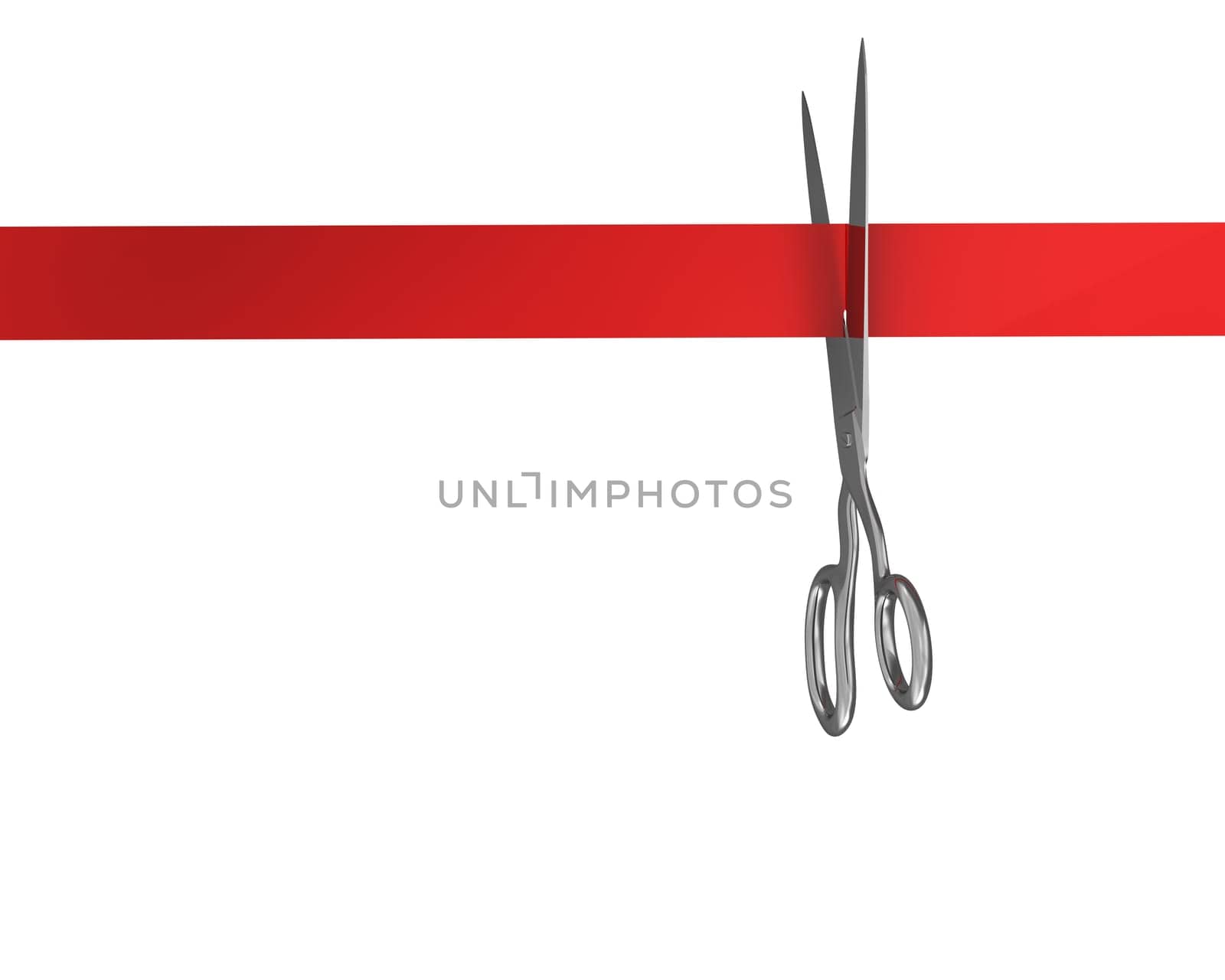 Scissors cut the red ribbon, isolated on white background, top view