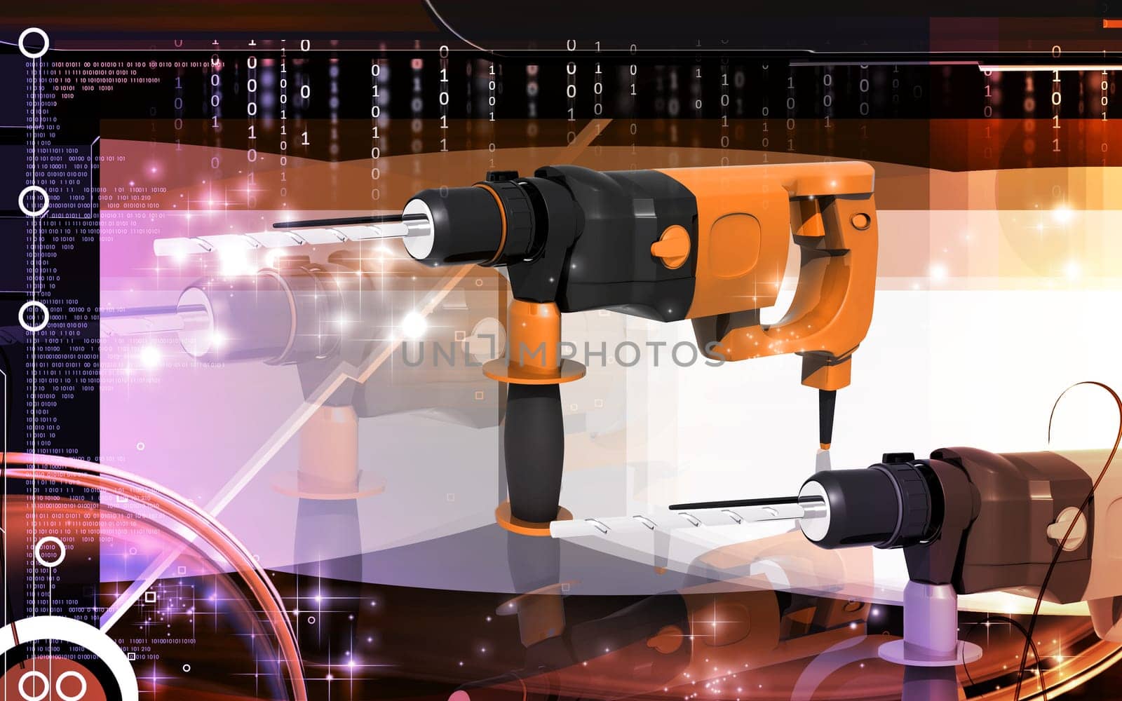 Digital illustration of hammer drill in colour background
