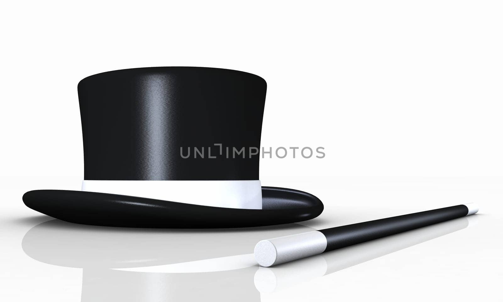 Top hat with magic wand against white background