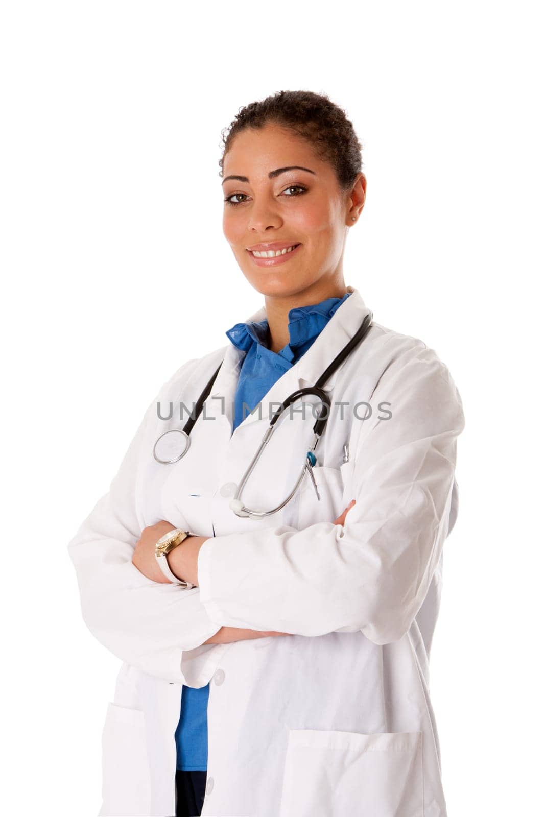 Beautiful attractive happy smiling female doctor physician nurse standing with arms crossed, isolated.