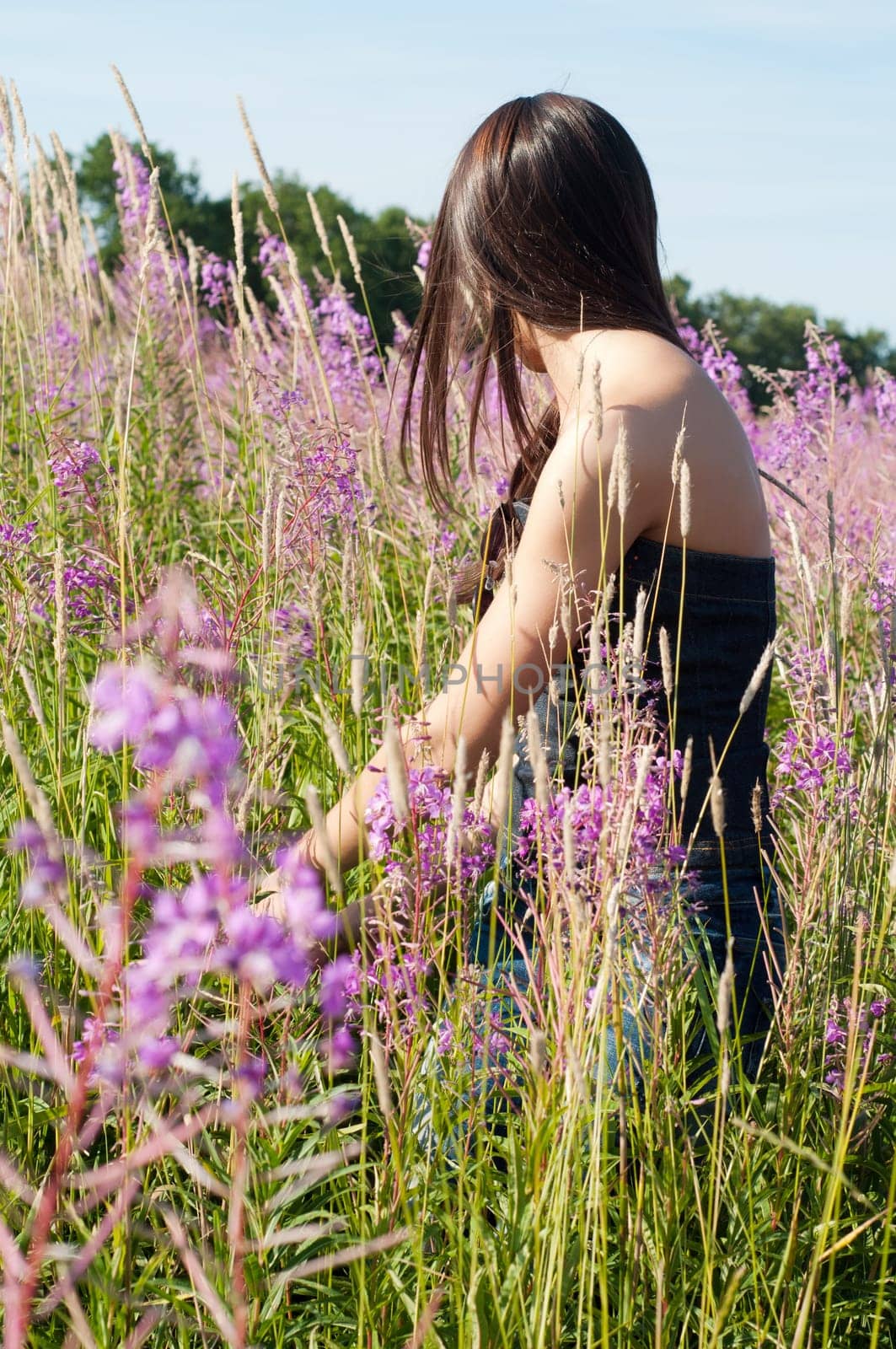 Outdoor shot of beautiful brunette woman with long hair