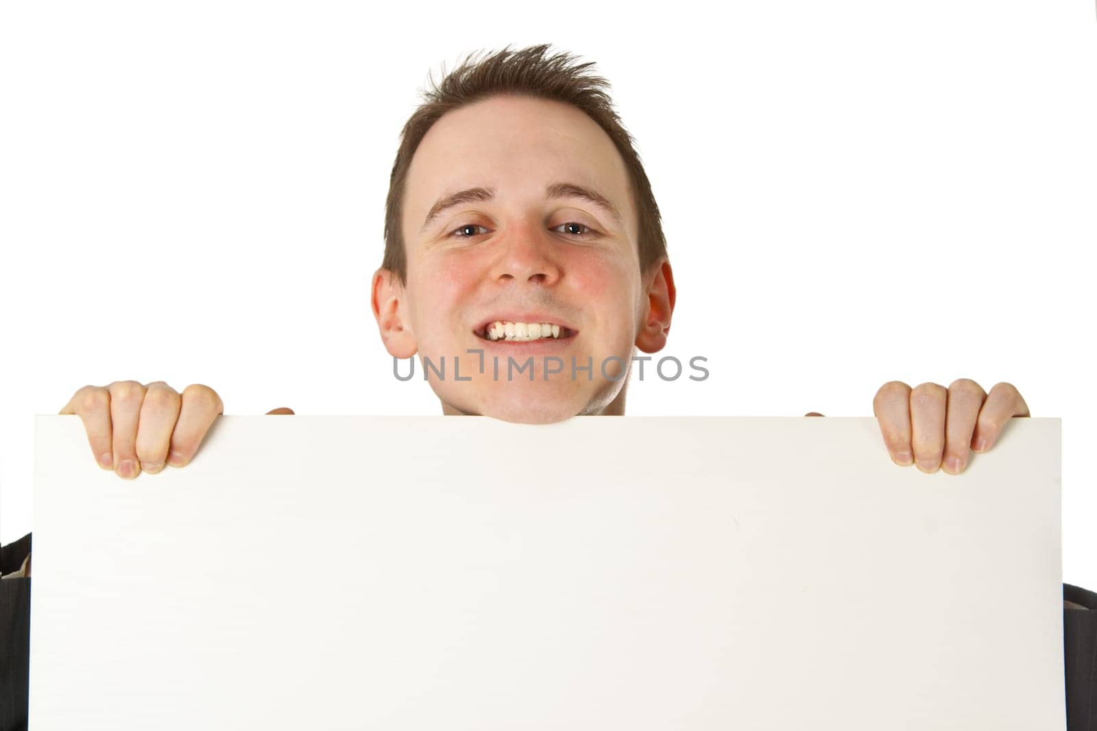 Friendly businessman with white chalkboard