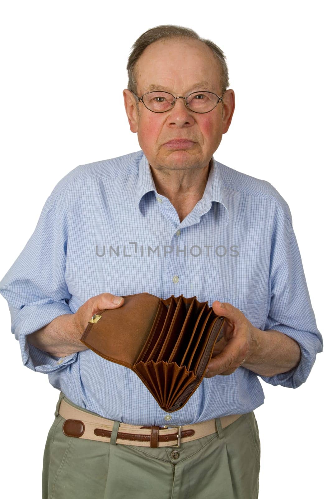 Senior with empty wallet - isolated on white background