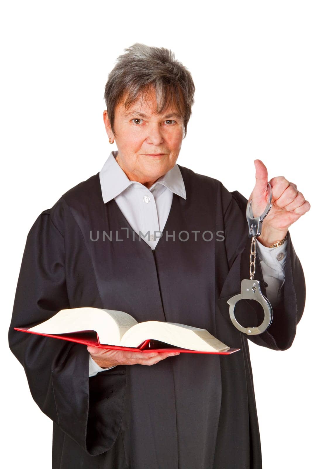 Female lawyer with law book on white background