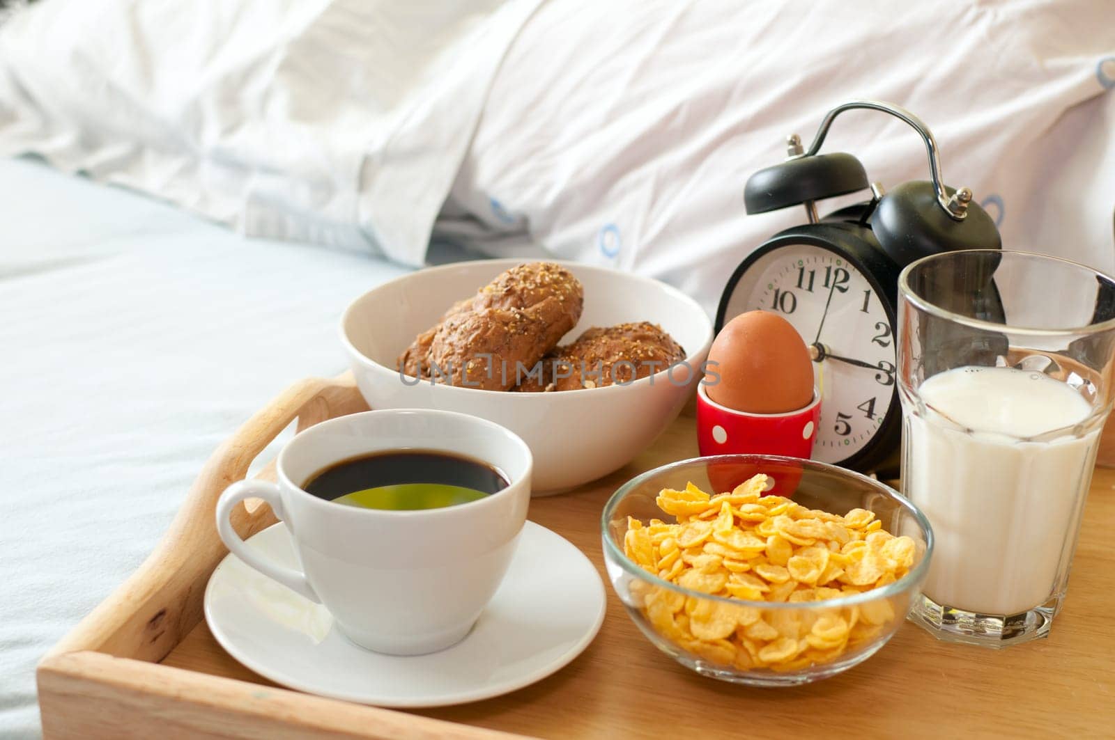 Breakfast in Bed - Rolls, Coffee, Boiled Egg, Milk, Corn Flakes and Alarm Clock