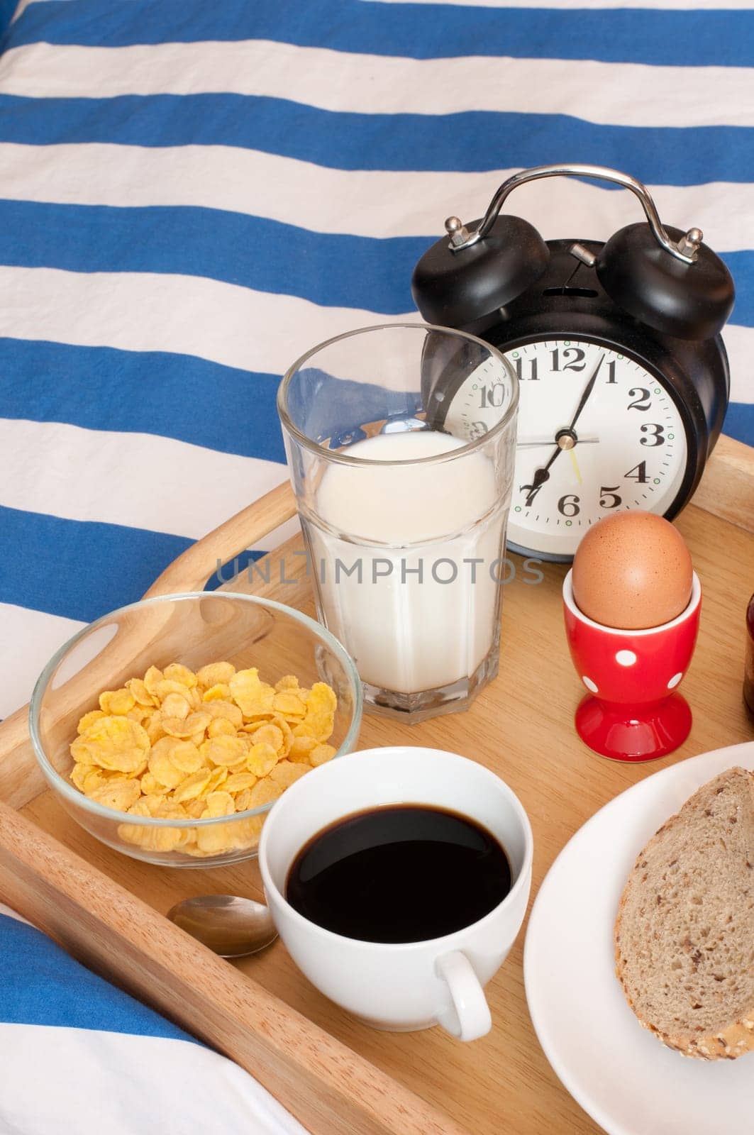 Breakfast in Bed - Bread, Coffee, Boiled Egg, Milk, Corn Flakes and Alarm Clock