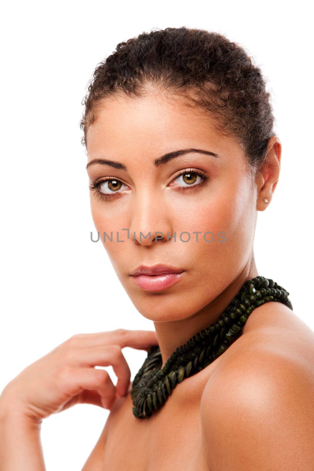 Beautiful face of a fashion model with pimple acne free clean and clear skin, skincare concept, isolated.