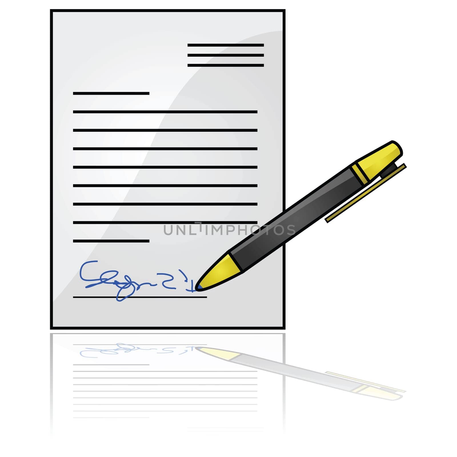 Glossy illustration showing a document with a signature at the bottom