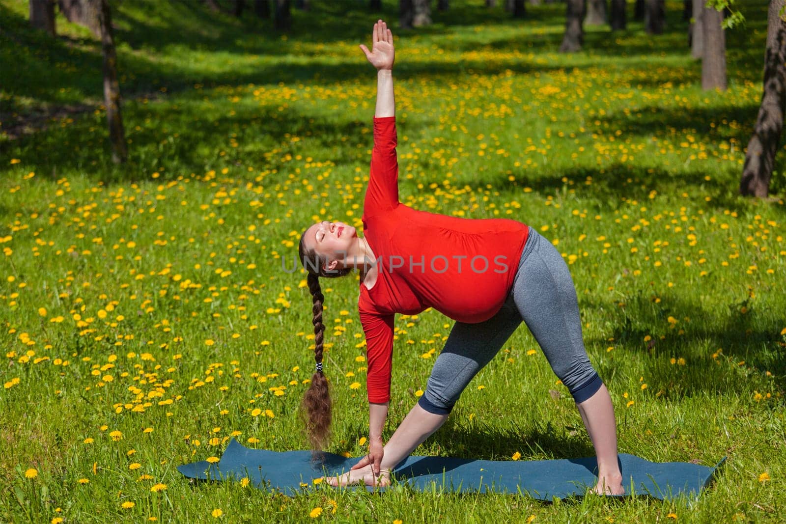 Pregnancy yoga exercise - pregnant woman doing asana Utthita trikonasana outdoors on grass in summer