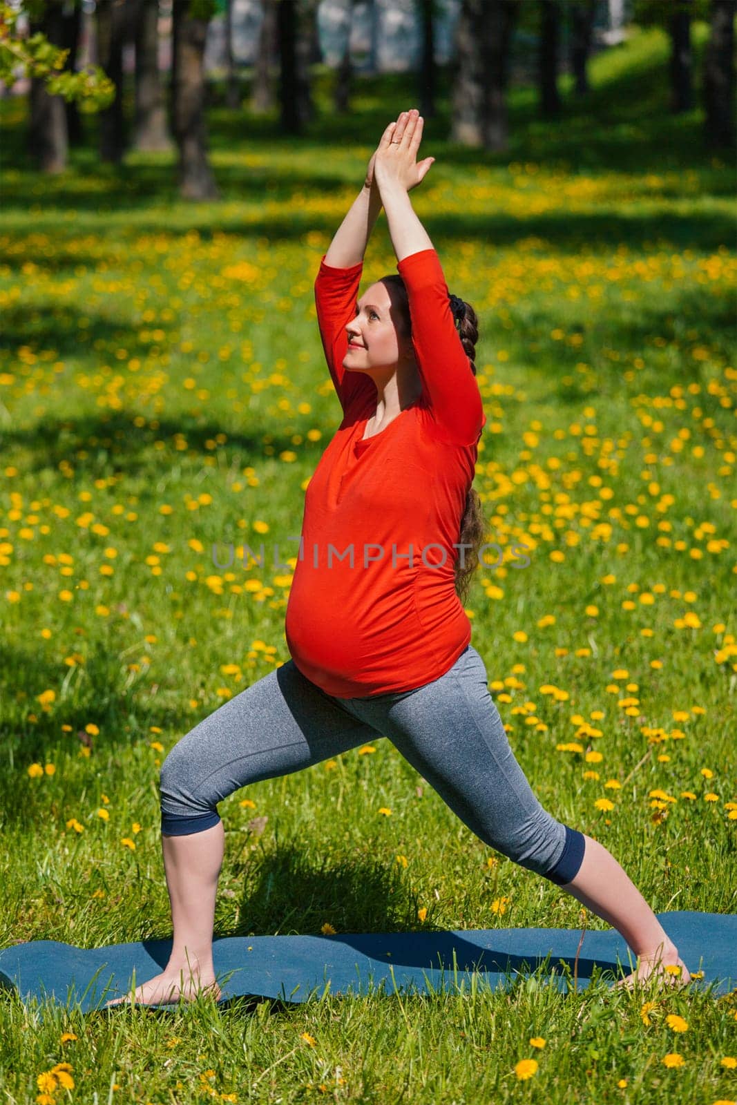Pregnancy yoga exercise - pregnant woman doing yoga asana Virabhadrasana warrior pose outdoors on grass in summer