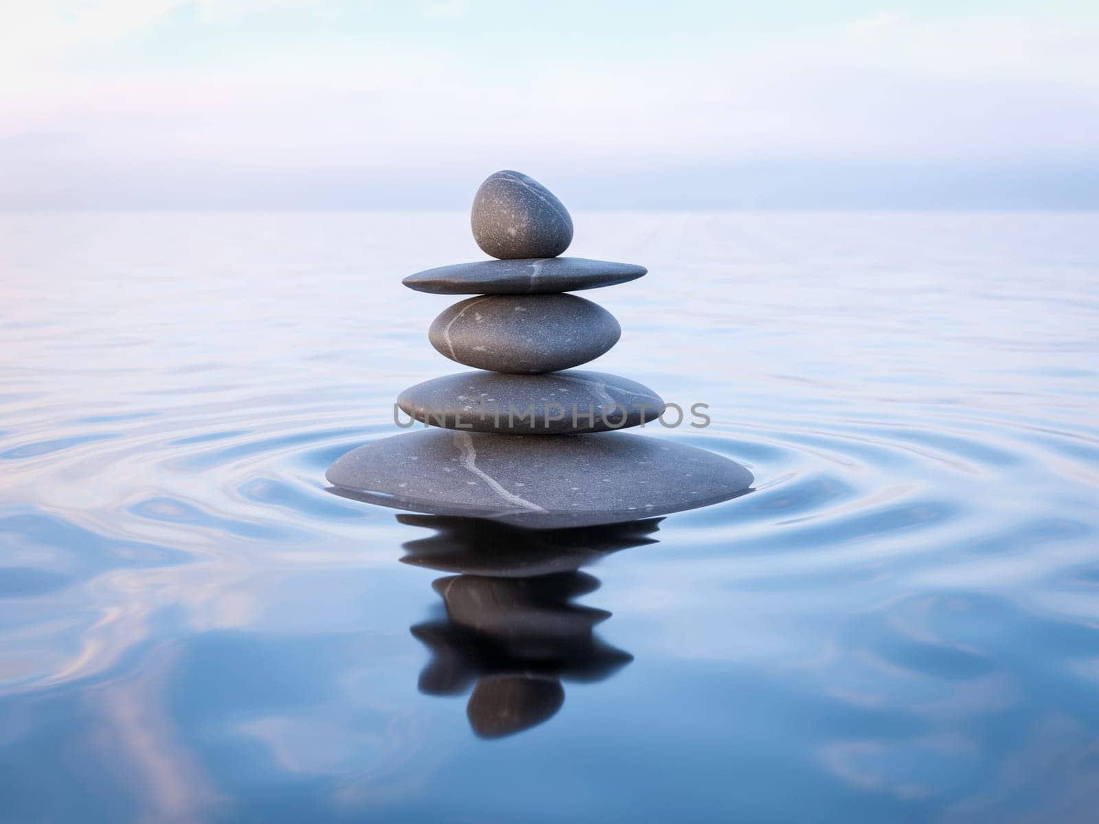 3d rendering of Zen stones in water with reflection - peace balance meditation relaxation concept