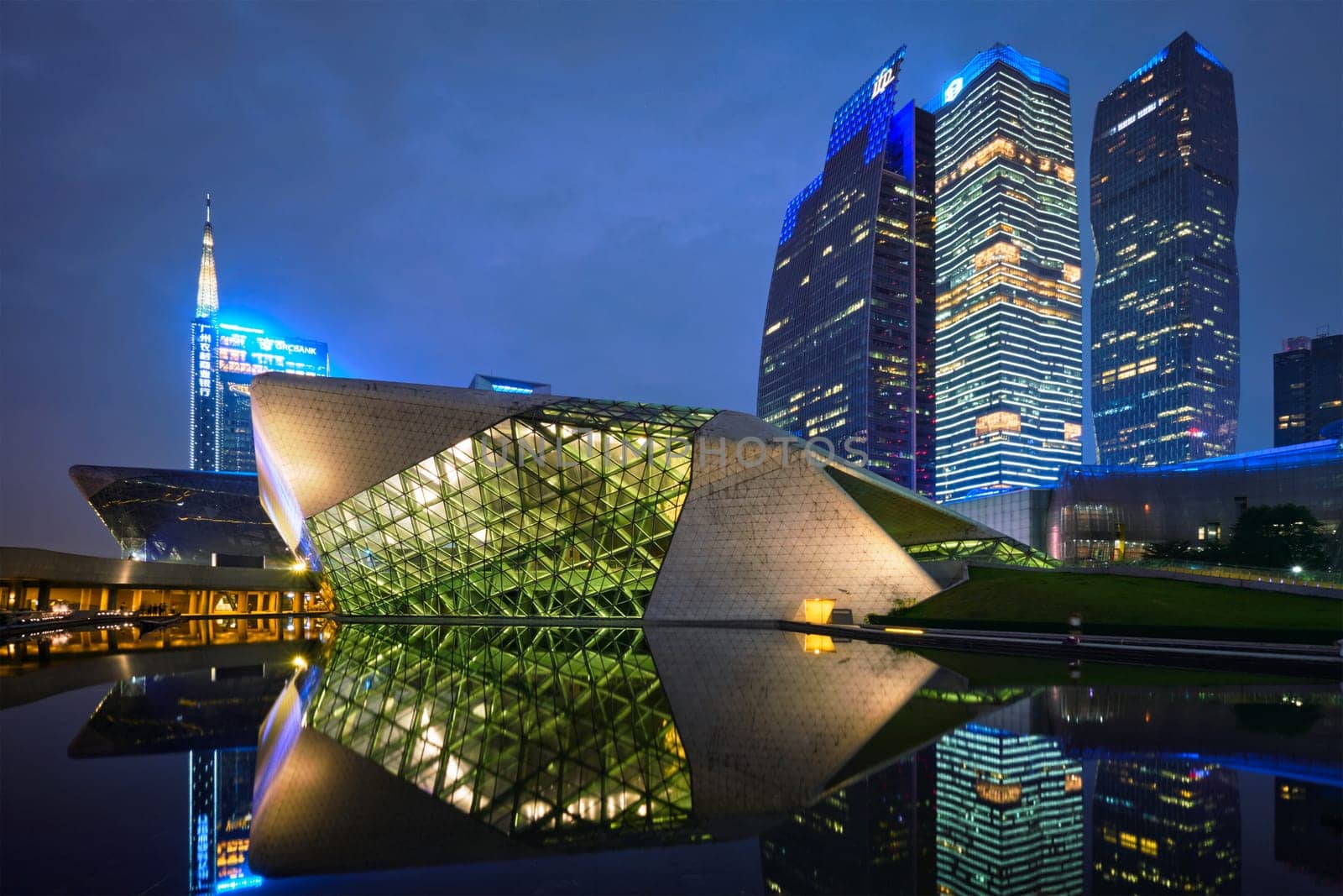 GUANGZHOU, CHINA - APRIL 27, 2018: Guangzhou Opera House designed by famous Iraqi architect architect Zaha Hadid illluminated at night