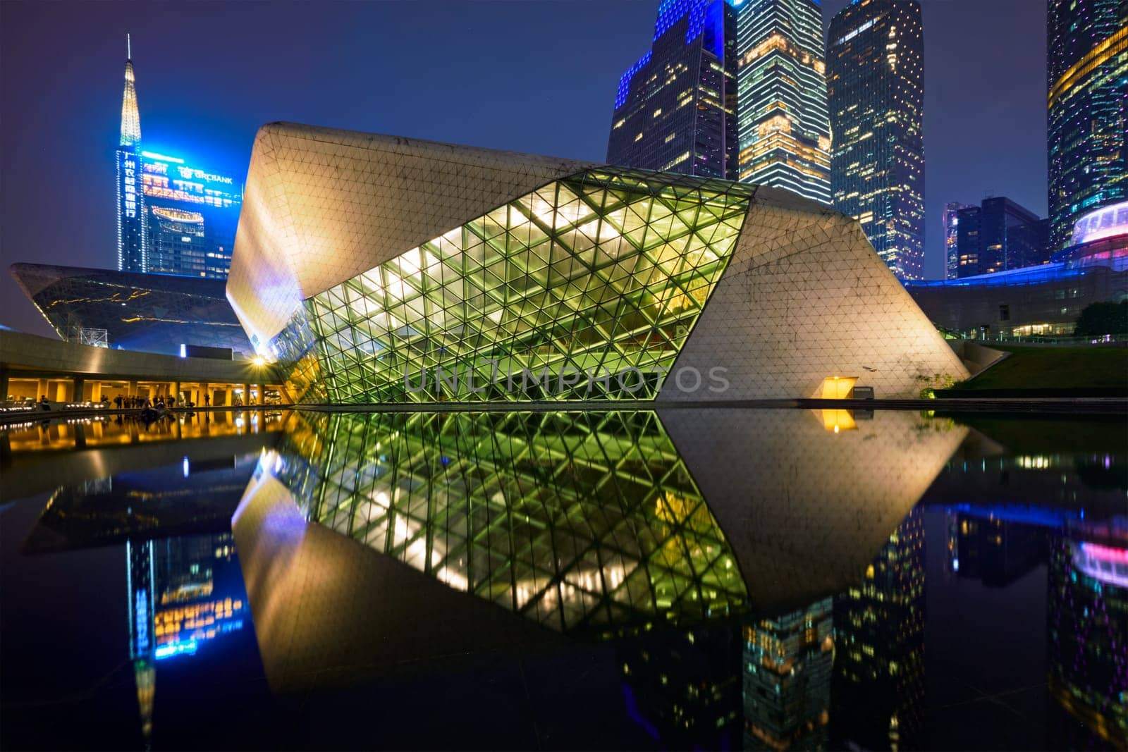 GUANGZHOU, CHINA - APRIL 27, 2018: Guangzhou Opera House designed by famous Iraqi architect architect Zaha Hadid illluminated at night