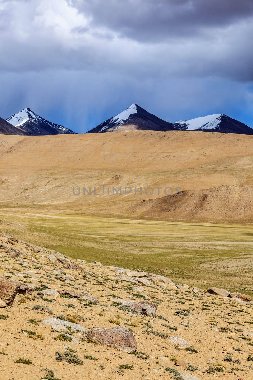 Himalayan landscape with snowcapped Himalayas mountains near Kyagar Tso lake, Ladakh, India