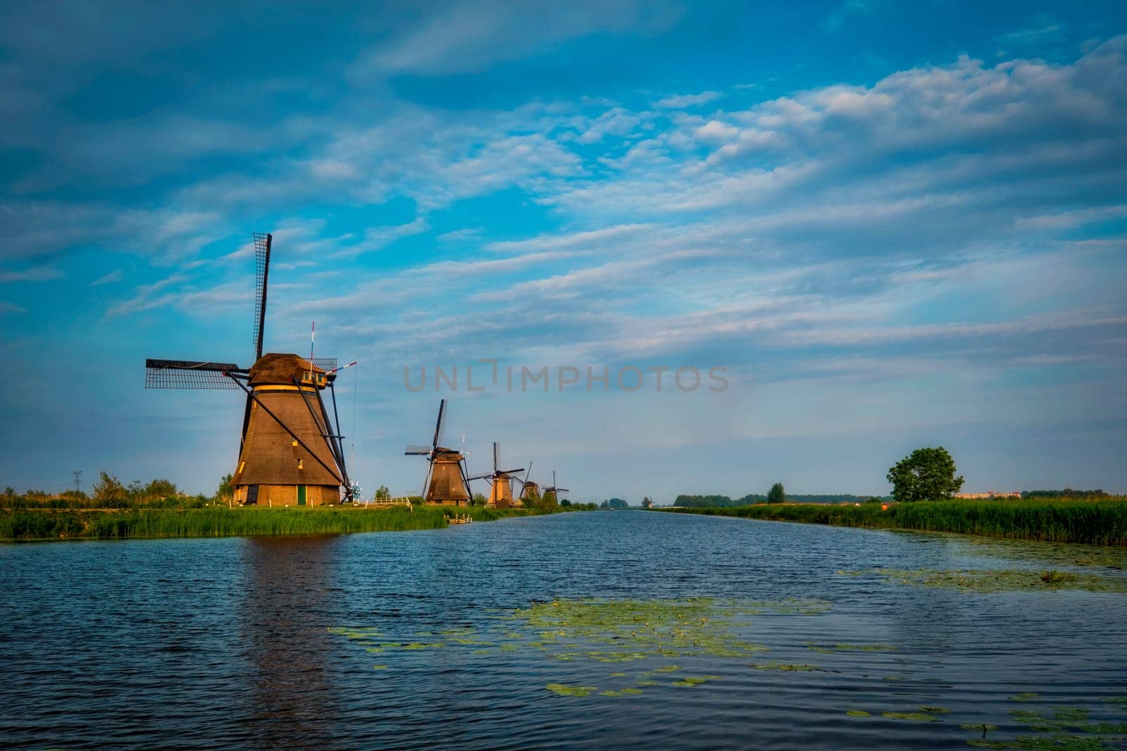 Netherlands rural lanscape with windmills at famous tourist site Kinderdijk in Holland on sunset with dramatic sky