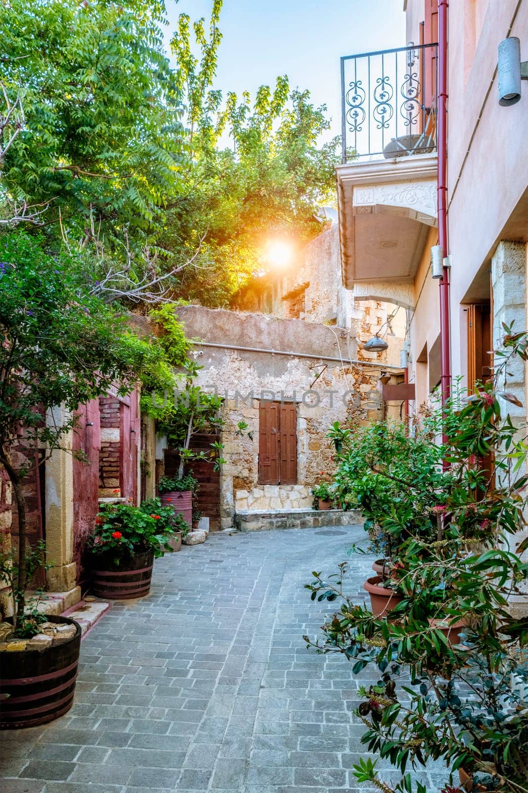 Scenic picturesque streets of Chania venetian town with coloful old houses. Chania greek village in the morning. Chanica, Crete island, Greece