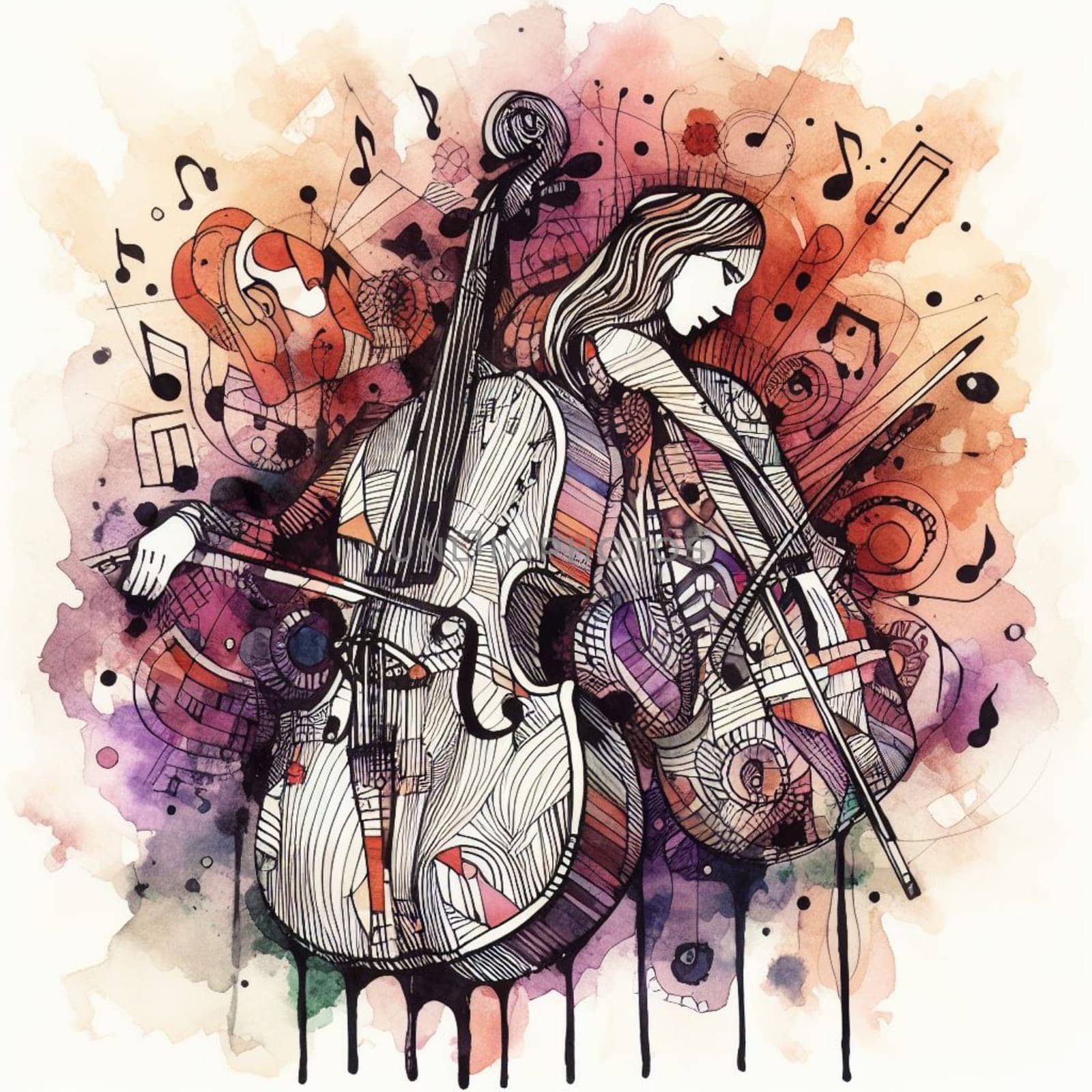 cellist musician playing cello over white background graphic illustration generative ai art poster