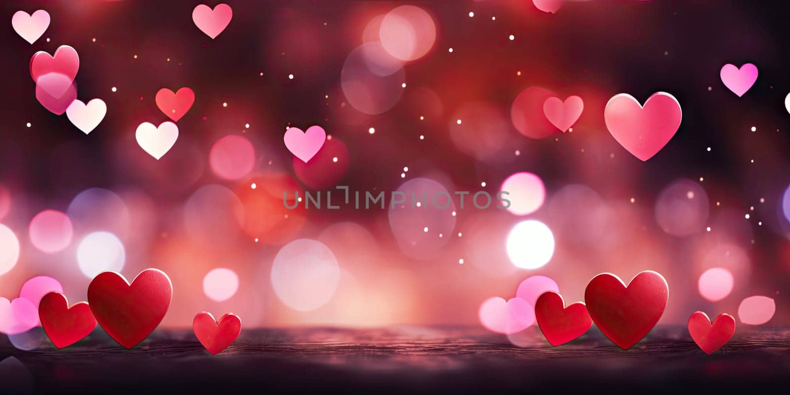 Sweet, hearts with pink background . bokeh ligth and diamond dust. Valentine concept background. Generative AI by wichayada