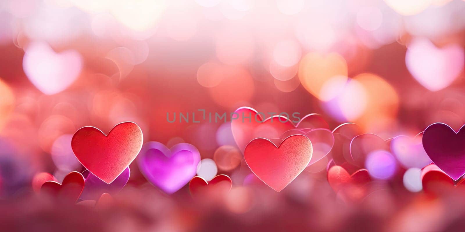 Sweet, hearts with pink background . bokeh ligth and diamond dust. Valentine concept background. Generative AI by wichayada