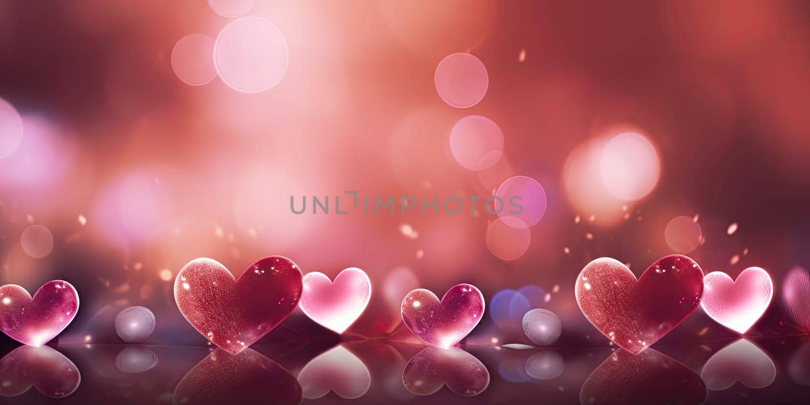 Sweet, hearts with pink background . bokeh ligth and diamond dust. Valentine concept background. Generative AI by wichayada