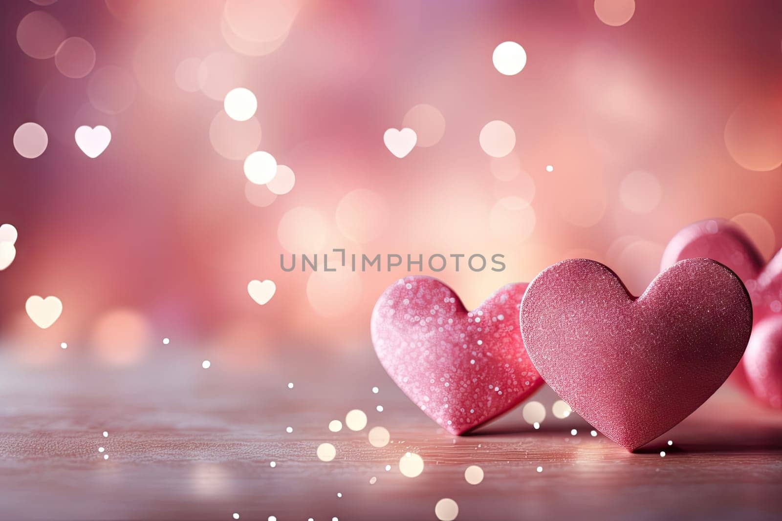 Sweet, hearts with pink background . bokeh ligth and diamond dust. Valentine concept background. Generative AI by wichayada