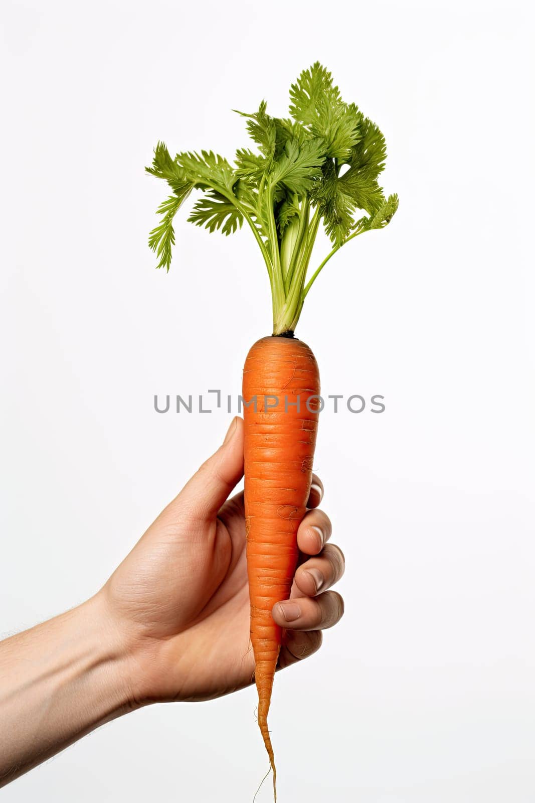 Human hand holding a ripe carrot isolated on white background.
