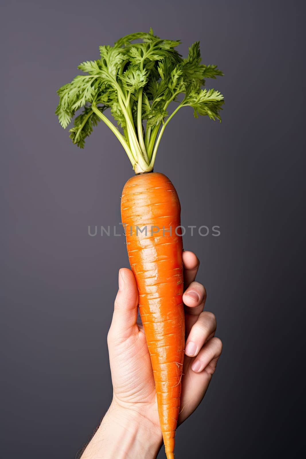 Human hand holding a fresh carrot isolated on grey background.