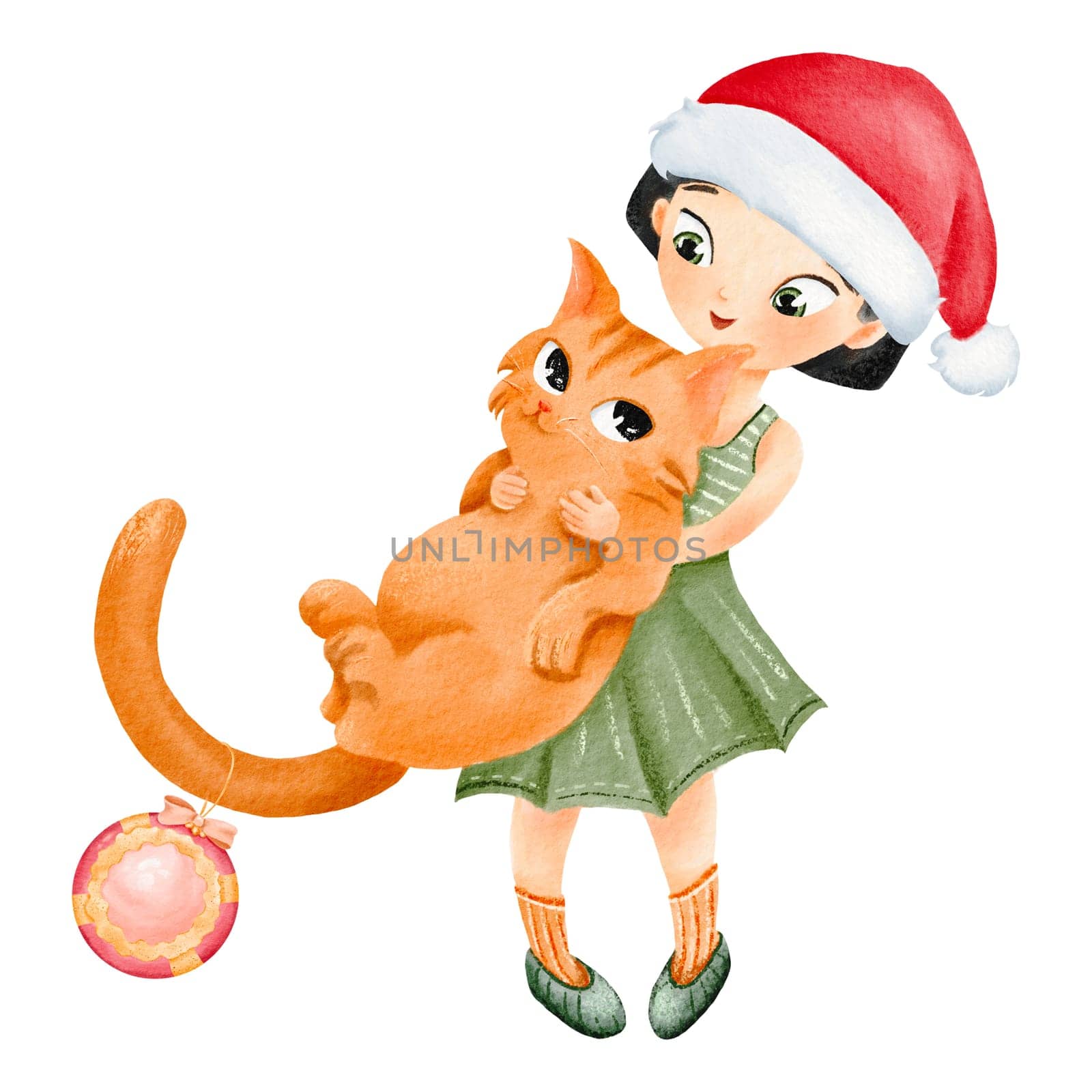 Watercolor merry Christmas composition. Girl in New Year hat holds red cat in arms. Asian teen and fat pet. Kitty Christmas ball. Decorative background for greeting card, bauble decorations, books.