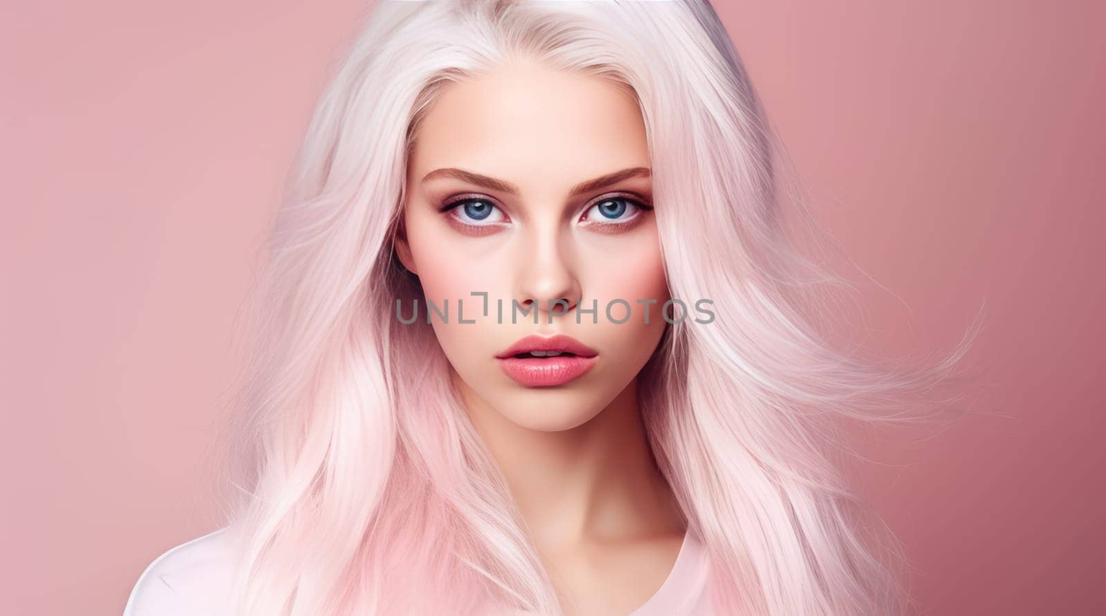 Portrait of a beautiful, elegant, sexy Caucasian woman with perfect skin and white long hair, on a pink background, banner. by Alla_Yurtayeva