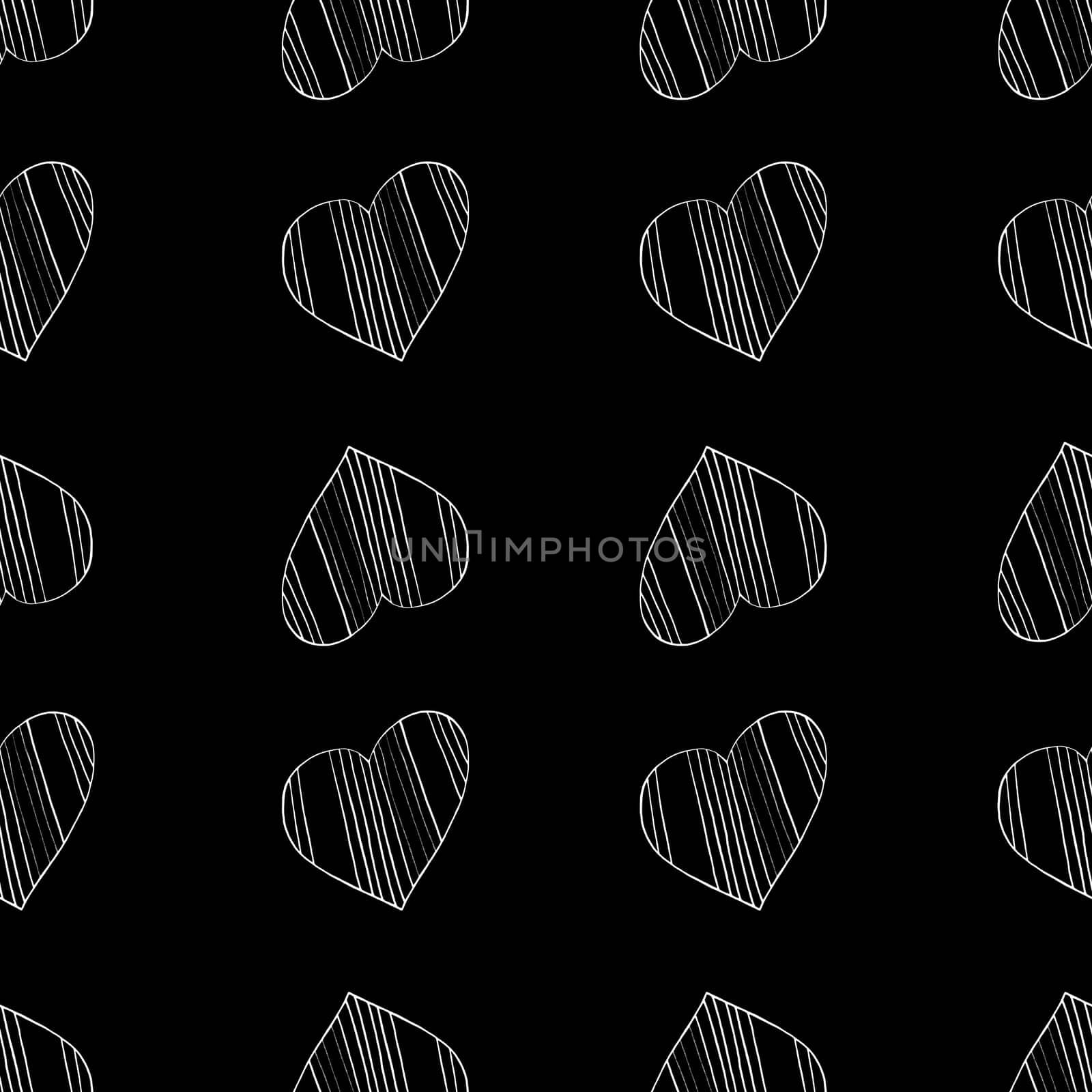 Seamless Pattern with Hearts. Hand Drawn Valentines Background. White Hearts on Black Background. Digital Paper Drawn by Colored Pencils.