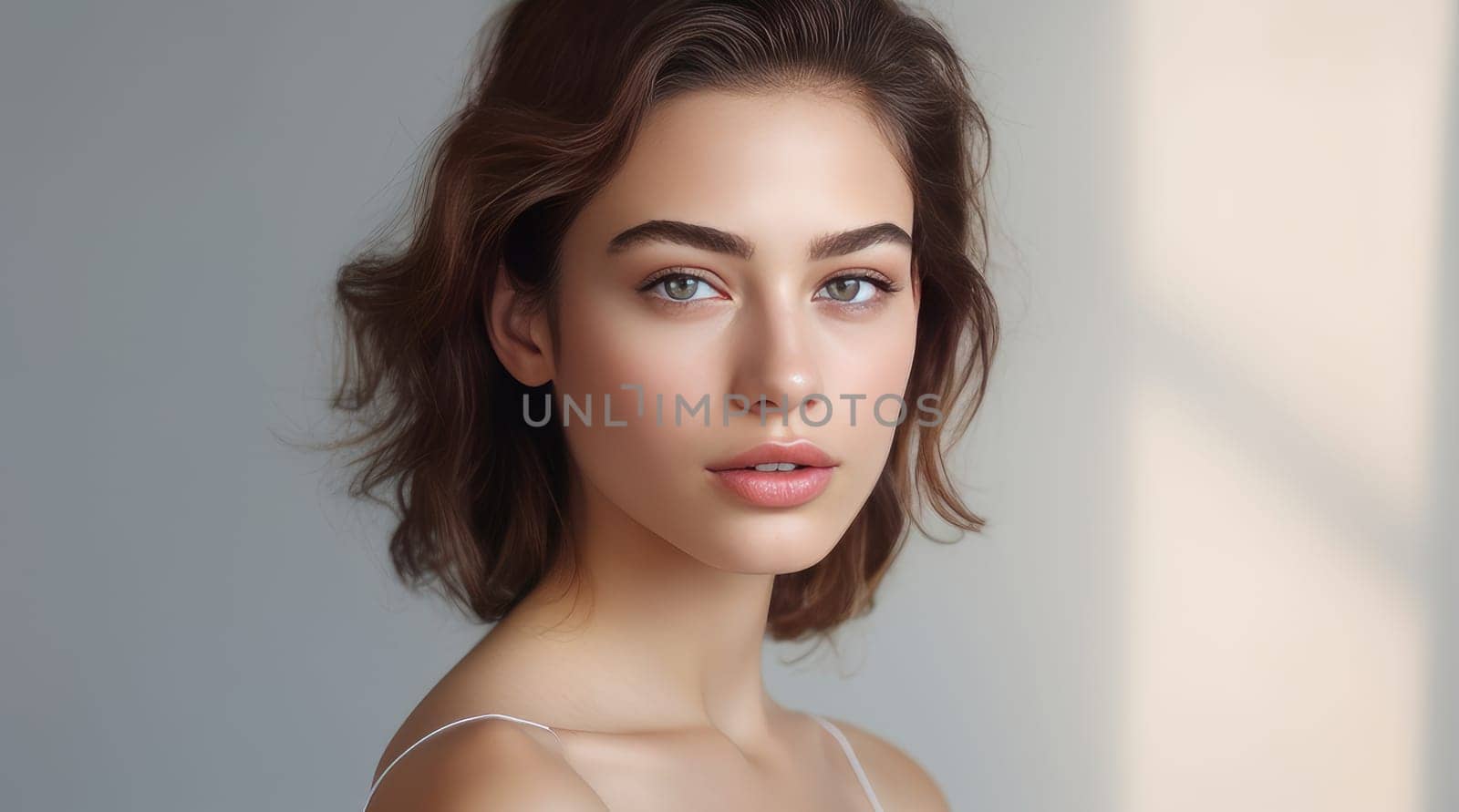 Portrait of a beautiful, elegant, sexy Caucasian woman with perfect skin, on a gray background, banner. Advertising of cosmetic products, spa treatments, shampoos and hair care, dentistry and medicine, perfumes and cosmetology for women.