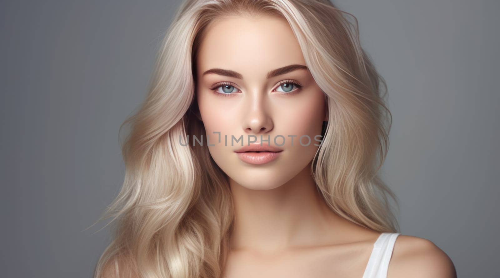 Portrait of a beautiful, elegant, sexy Caucasian woman with perfect skin and white long hair, on a gray background. by Alla_Yurtayeva