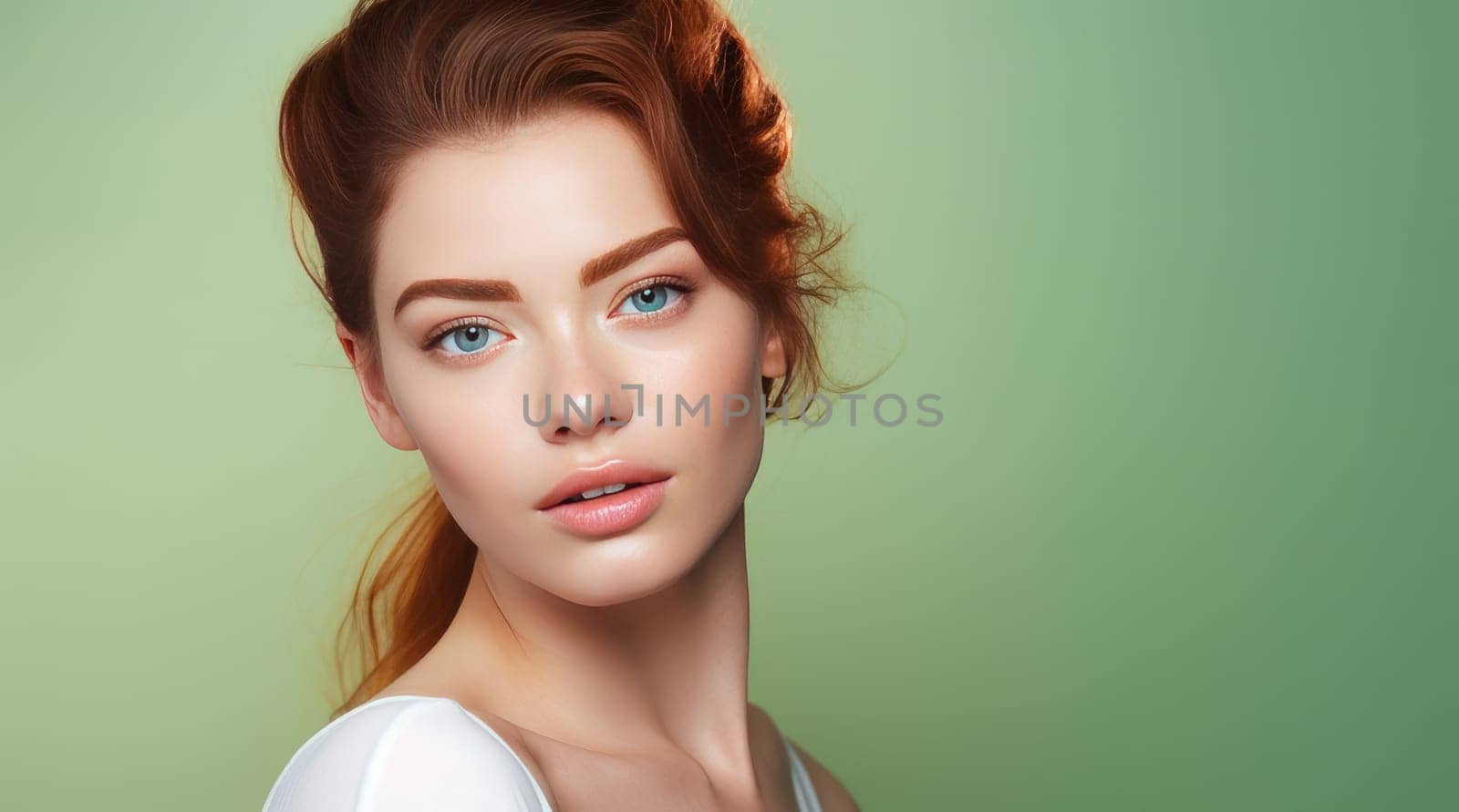 Portrait of a beautiful, elegant, sexy Caucasian woman with perfect skin, on a light green background, banner. by Alla_Yurtayeva