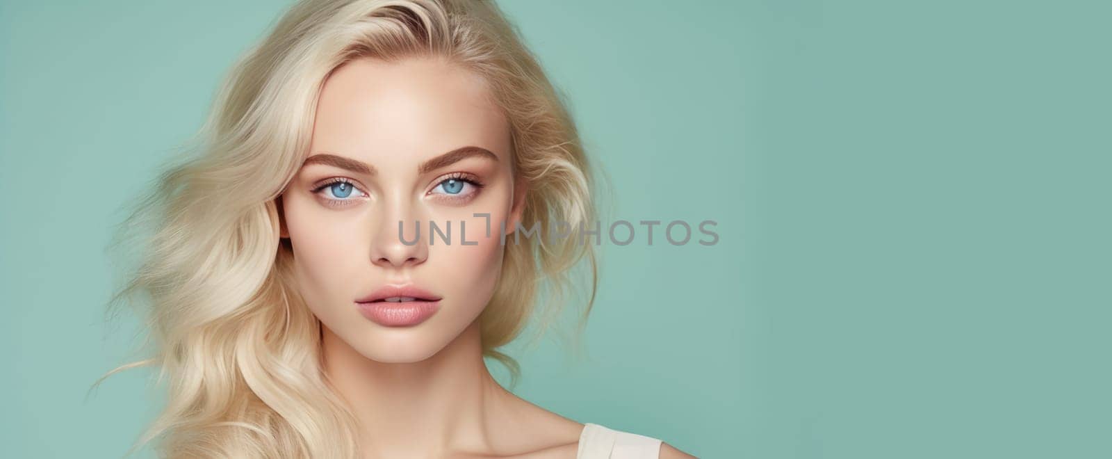 Portrait of a beautiful, sexy Caucasian woman with perfect skin and white long hair, on a light green background. Advertising of cosmetic products, spa treatments, shampoos and hair care, dentistry and medicine, perfumes and cosmetology for women.