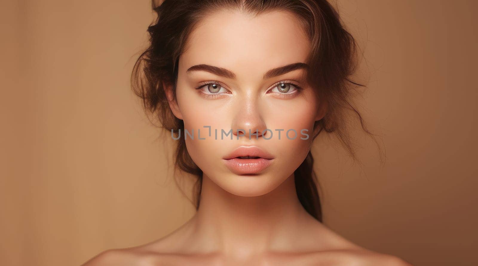 Portrait of a beautiful, elegant, sexy Caucasian woman with perfect skin, on a light beige cream background, banner. by Alla_Yurtayeva