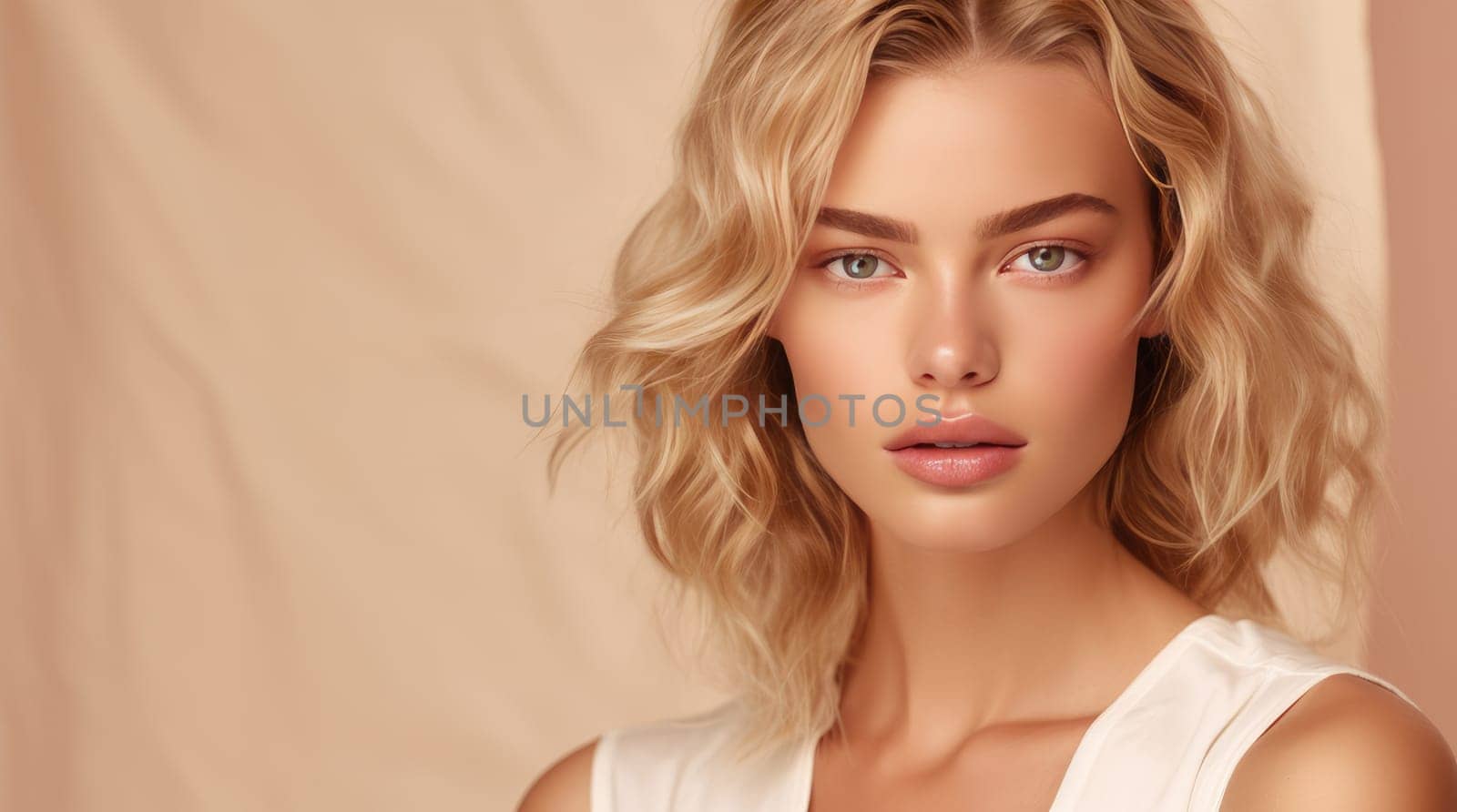 Portrait of a beautiful, sexy Caucasian woman with perfect skin and white long hair, on a beige cream background. Advertising of cosmetic products, spa treatments, shampoos and hair care, dentistry and medicine, perfumes and cosmetology for women.