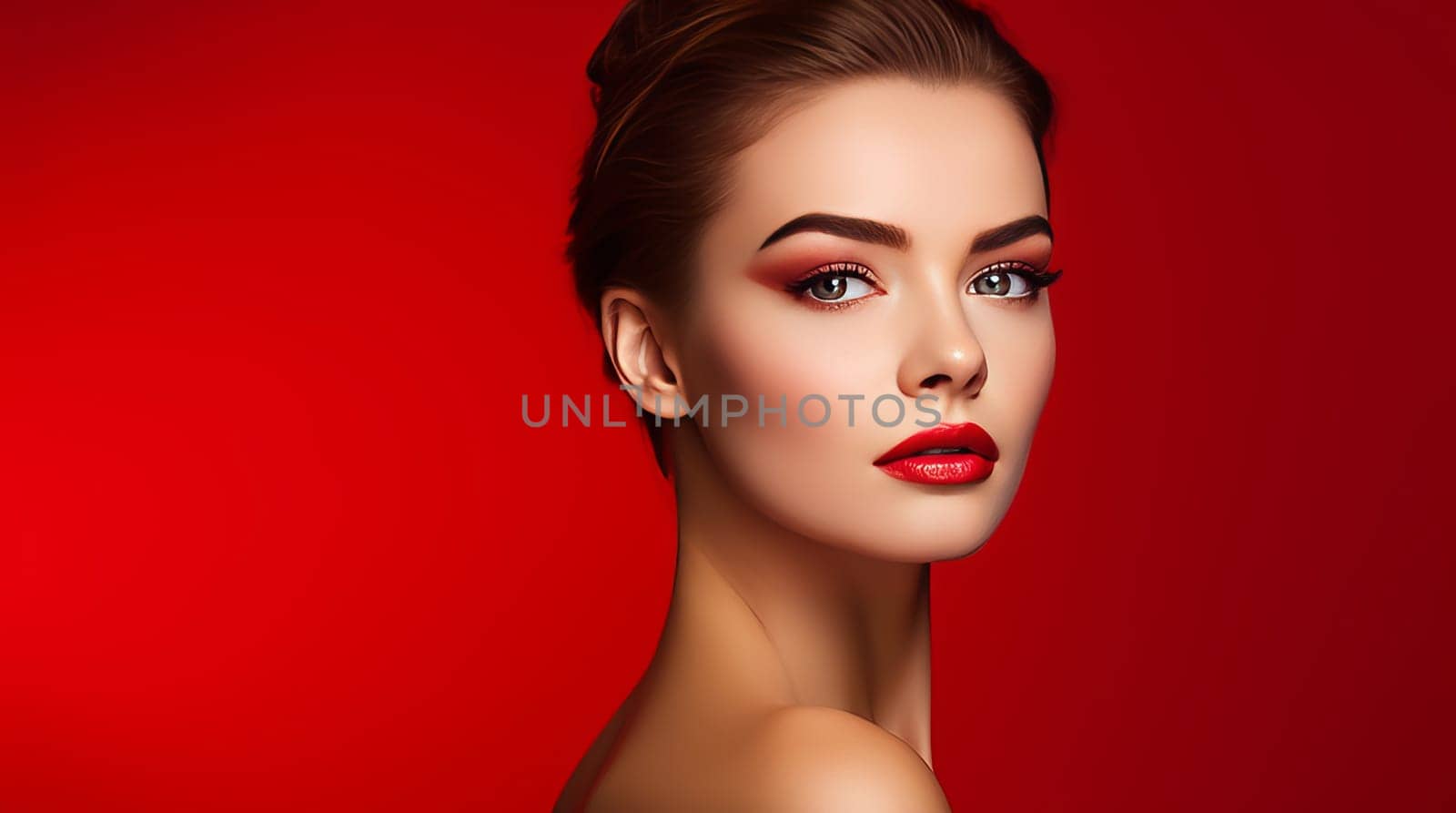 Portrait of a beautiful, elegant, sexy Caucasian woman with perfect skin, on a red background, banner. by Alla_Yurtayeva