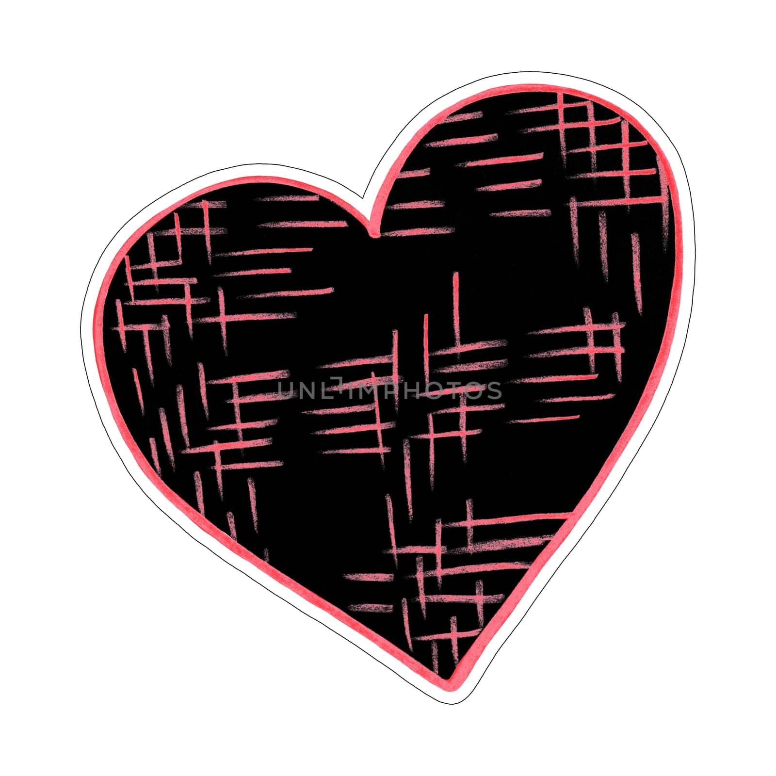 Red and Black Heart Sticker Drawn by Colored Pencil. Heart Shape Isolated on White Background. by Rina_Dozornaya