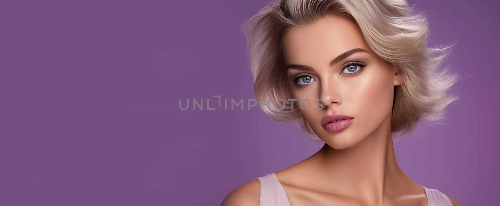 Portrait of a beautiful, sexy Caucasian woman with perfect skin and white long hair, on a purple background. Advertising of cosmetic products, spa treatments, shampoos and hair care, dentistry and medicine, perfumes and cosmetology for women.