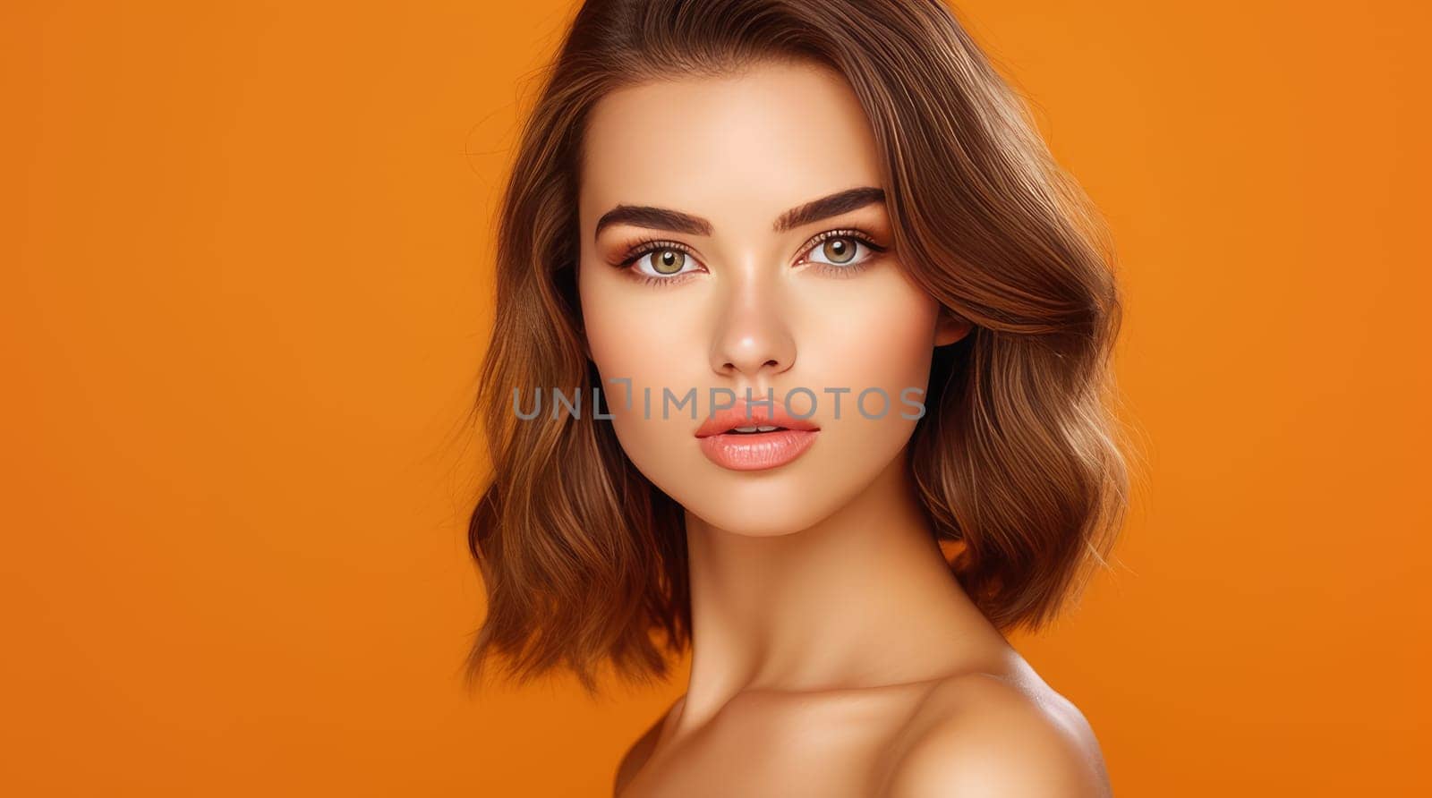 Portrait of a beautiful, elegant, sexy Caucasian woman with perfect skin, on an orange background, banner. by Alla_Yurtayeva