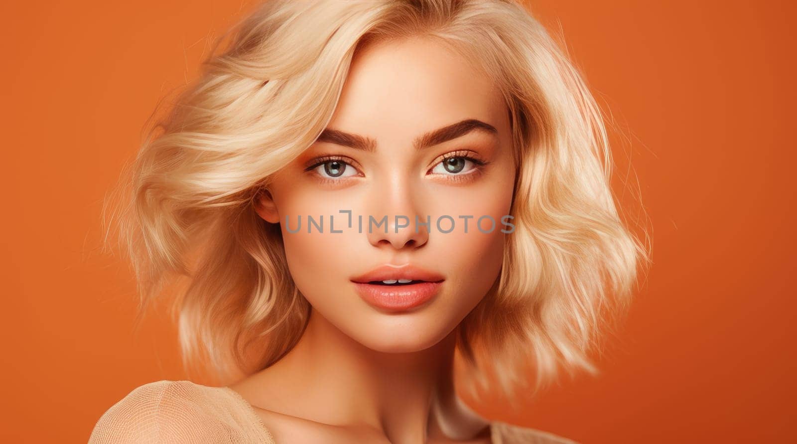 Portrait of a beautiful, sexy Caucasian woman with perfect skin and white long hair, on an orange background. Advertising of cosmetic products, spa treatments, shampoos and hair care, dentistry and medicine, perfumes and cosmetology for women.