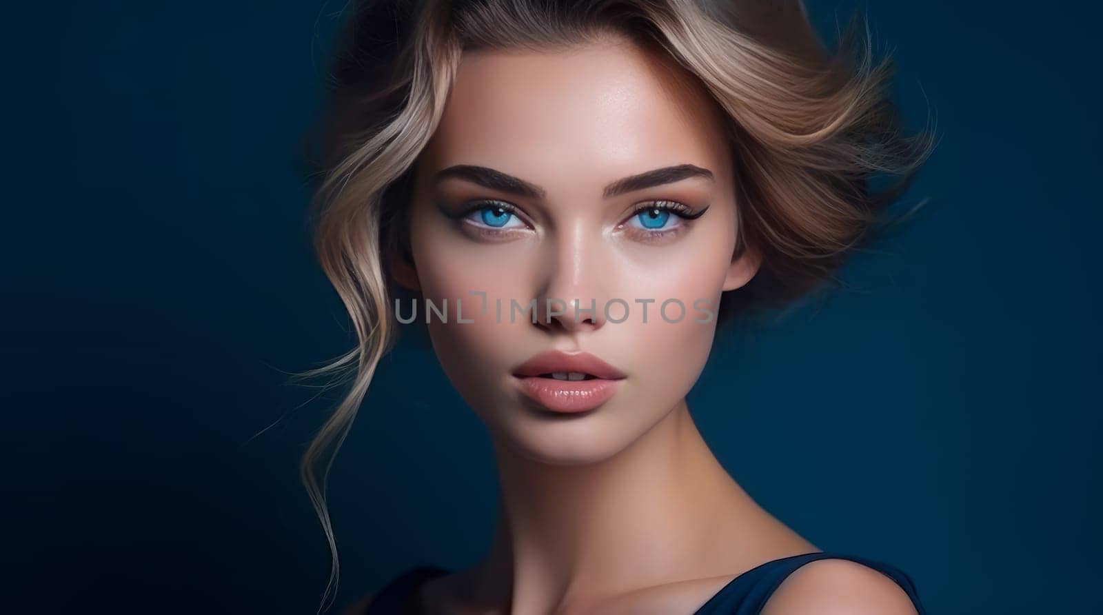 Portrait of a beautiful, elegant, sexy Caucasian woman with perfect skin, on a dark blue background, banner. Advertising of cosmetic products, spa treatments, shampoos and hair care, dentistry and medicine, perfumes and cosmetology for women.