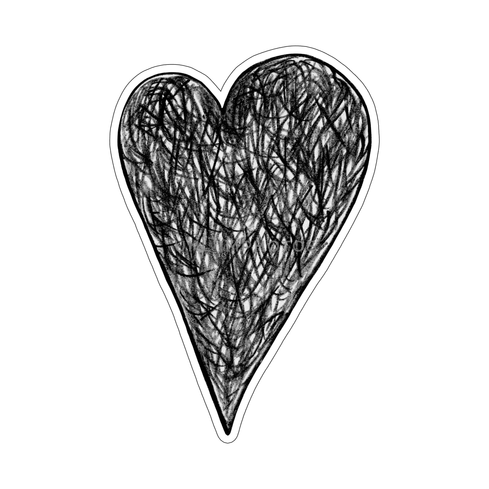 Black Heart Sticker Drawn by Colored Pencil. The Sign of World Heart Day. Symbol of Valentines Day. Heart Shape Isolated on White Background.