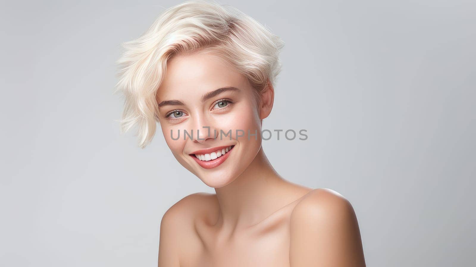 Portrait of a beautiful, sexy Caucasian woman with perfect skin and white short hair, on a white background. Advertising of cosmetic products, spa treatments, shampoos and hair care, dentistry and medicine, perfumes and cosmetology for women.