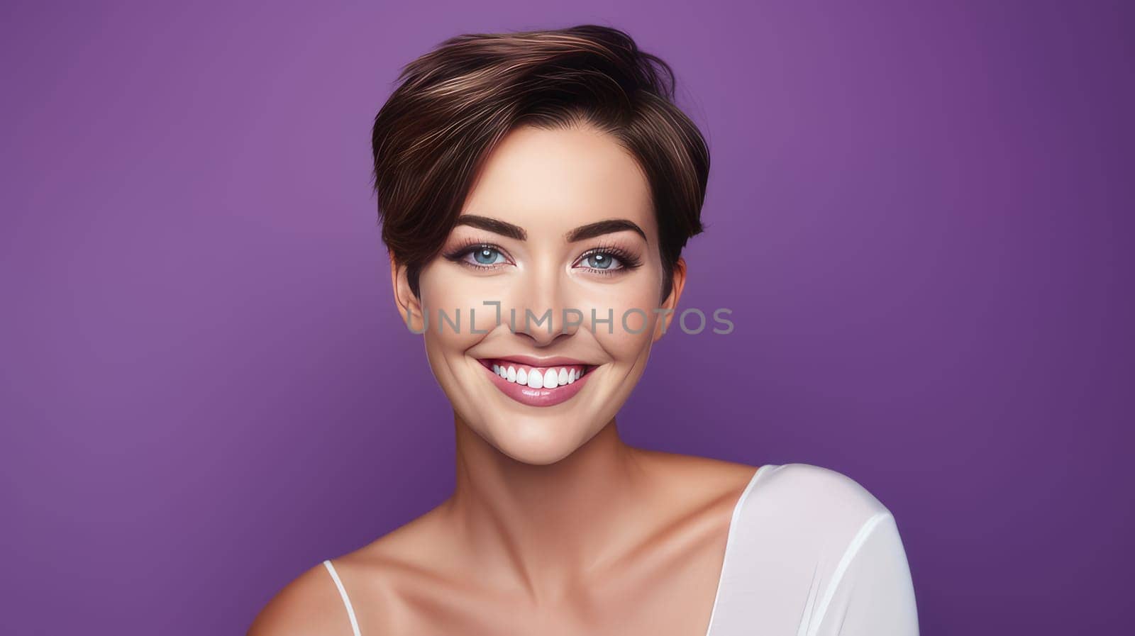 Portrait of a beautiful, sexy smiling Caucasian woman with perfect skin and short haircut, on a purple background. by Alla_Yurtayeva